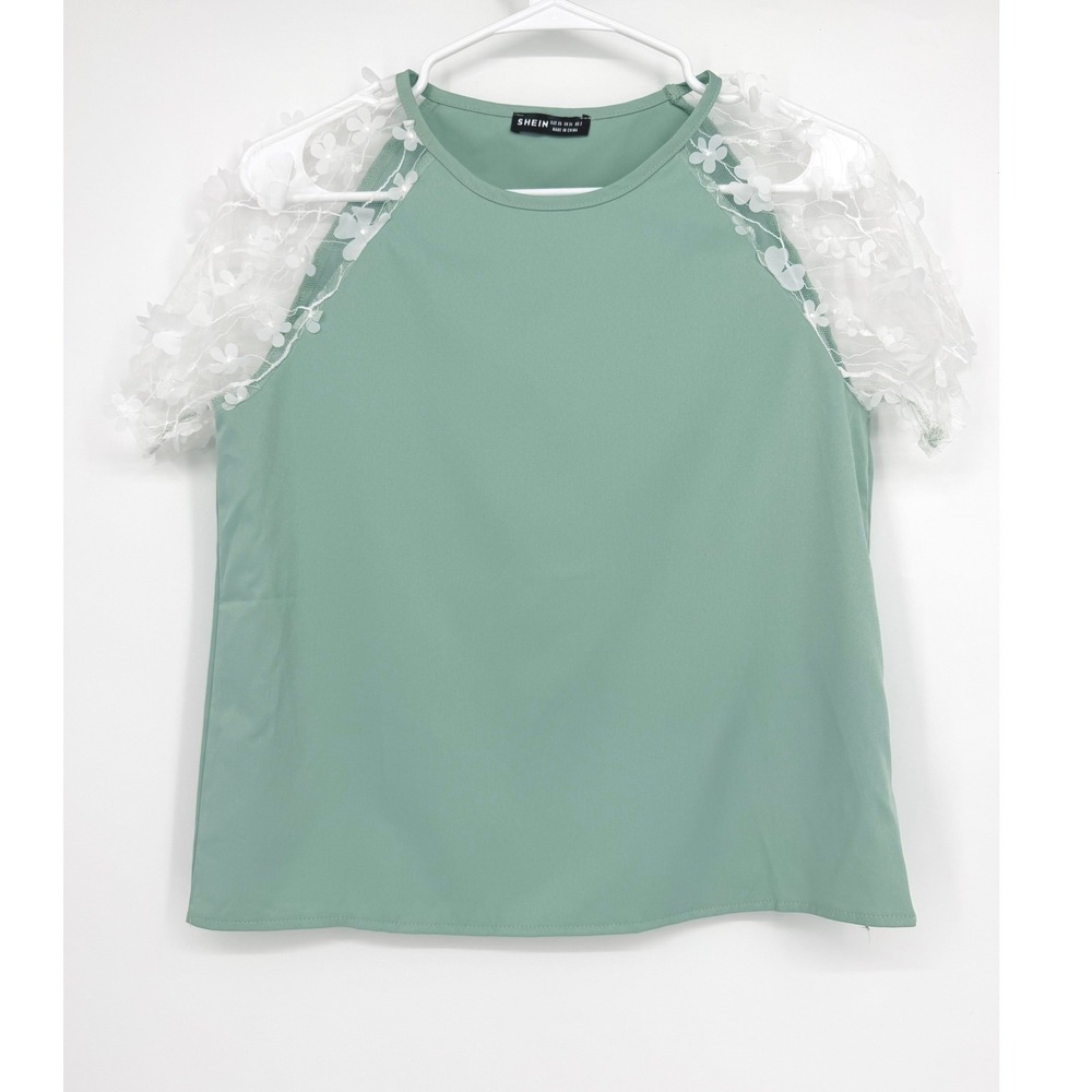 SHEIN Sage Green Floral Lace Sleeve Blouse XS US 2 Crew Neck Raglan Top
